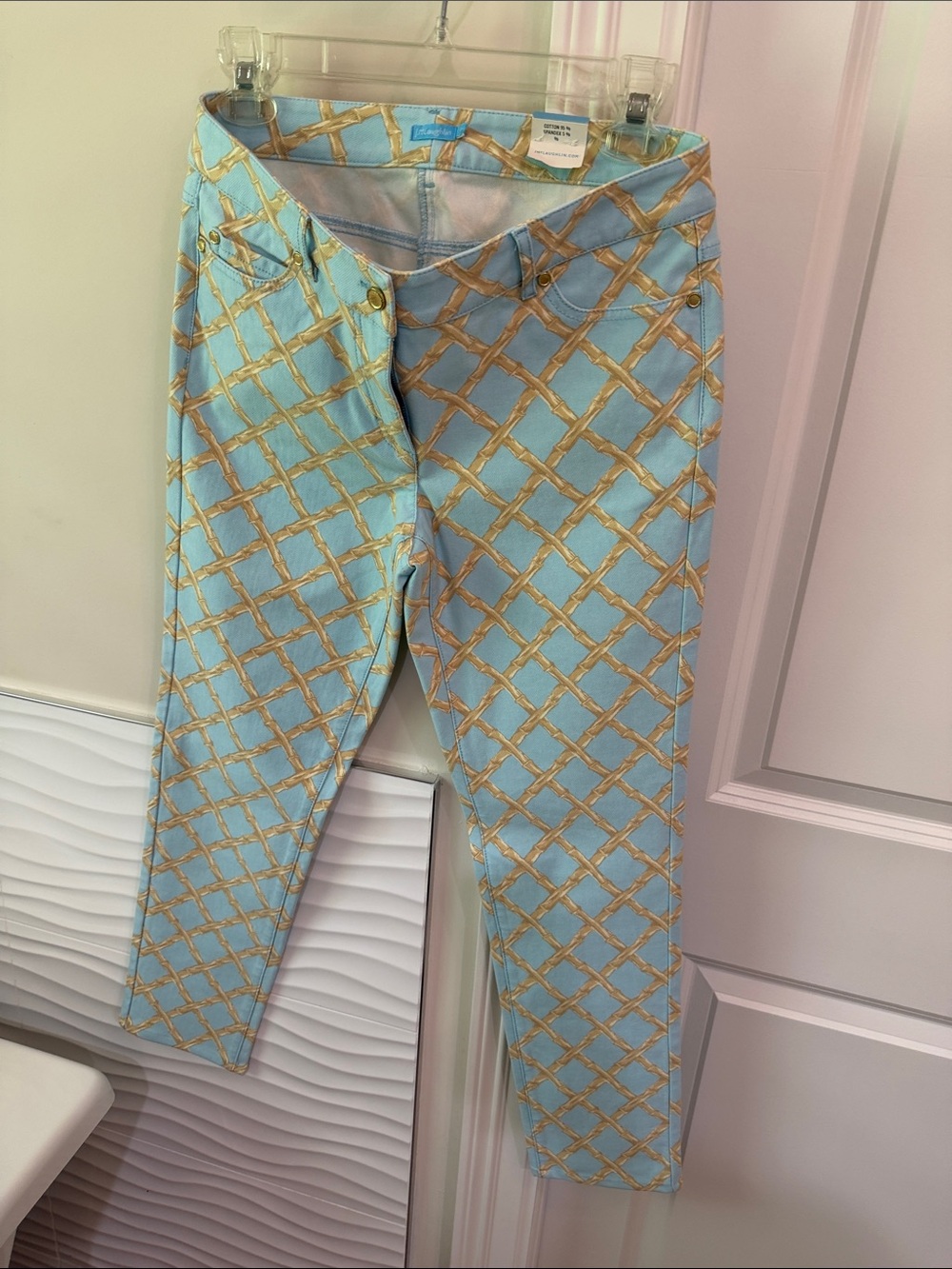 J. McLaughlin Light Blue & Gold Lattice Skinny Jeans